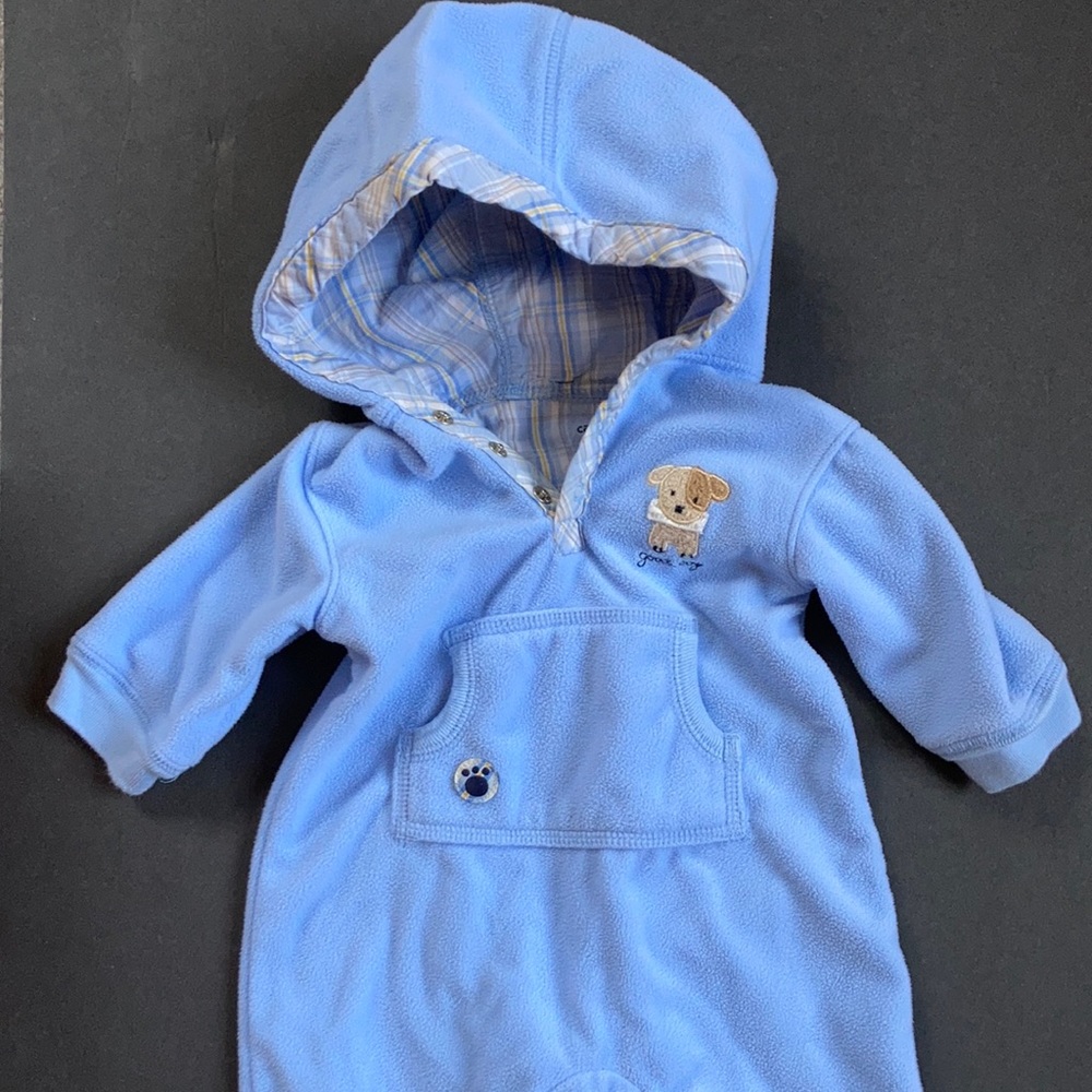 Carter's Blue with Plaid Trim One Piece Hoodie Kangaroo Pocket Good Boy Puppy
